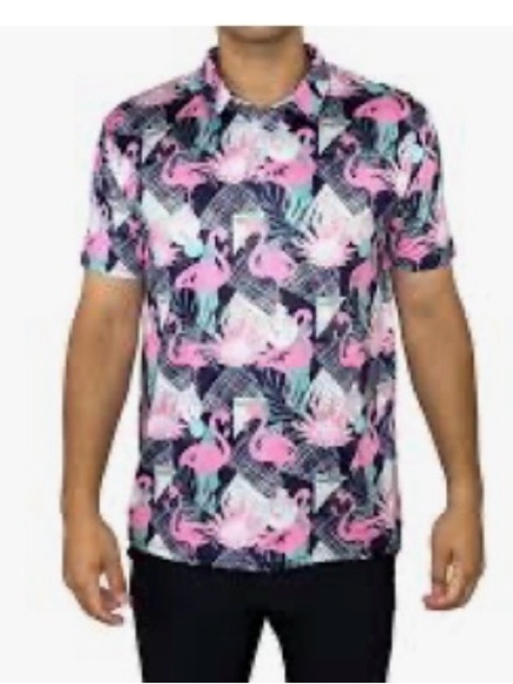 Handsome Bogey Men’s Funky Flamingo Golf Performance Polo Shirt. Size L